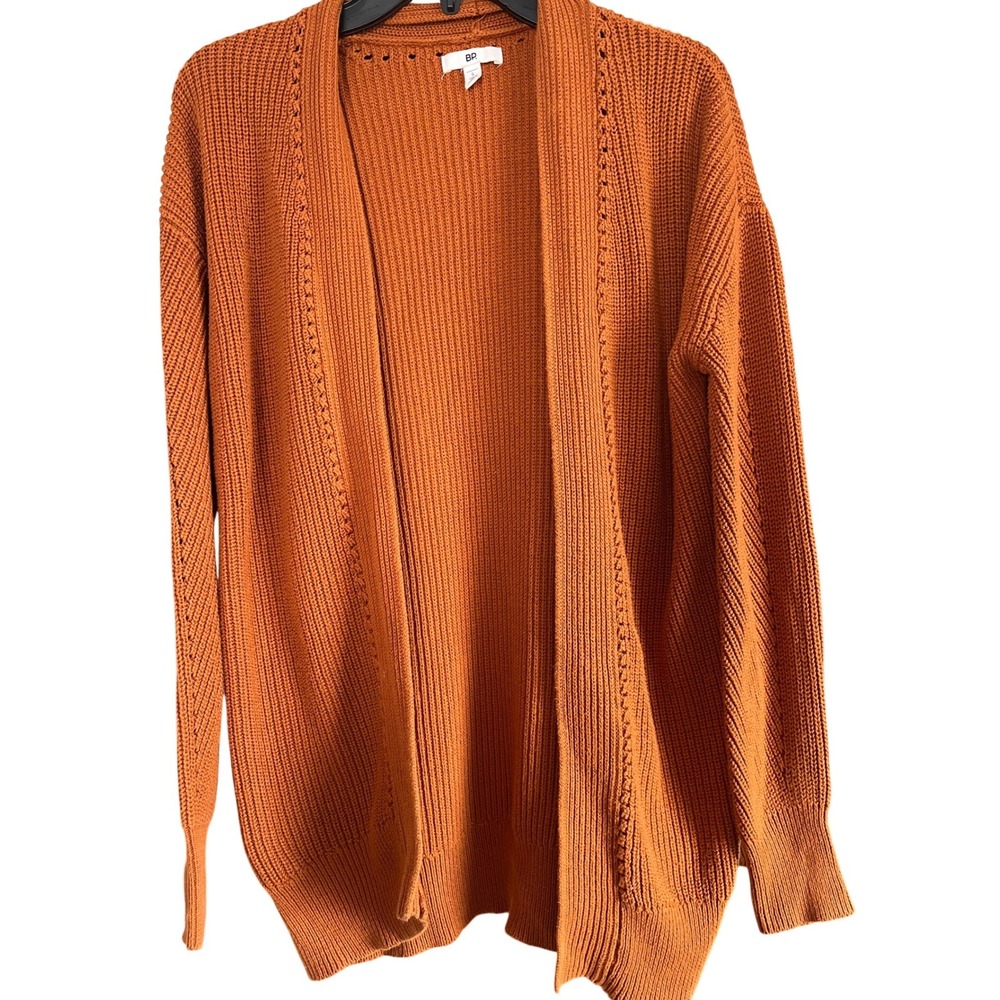 BP Nordstrom Burnt Orange Ribbed Cotton Open Front Cardigan Sweater Small - Picture 2 of 7